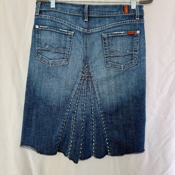7 For All Mankind Dresses & Skirts - 7 For All Mankind Denim Skirt 29 Studded Peacock Raw Hem Y2K Button Fly